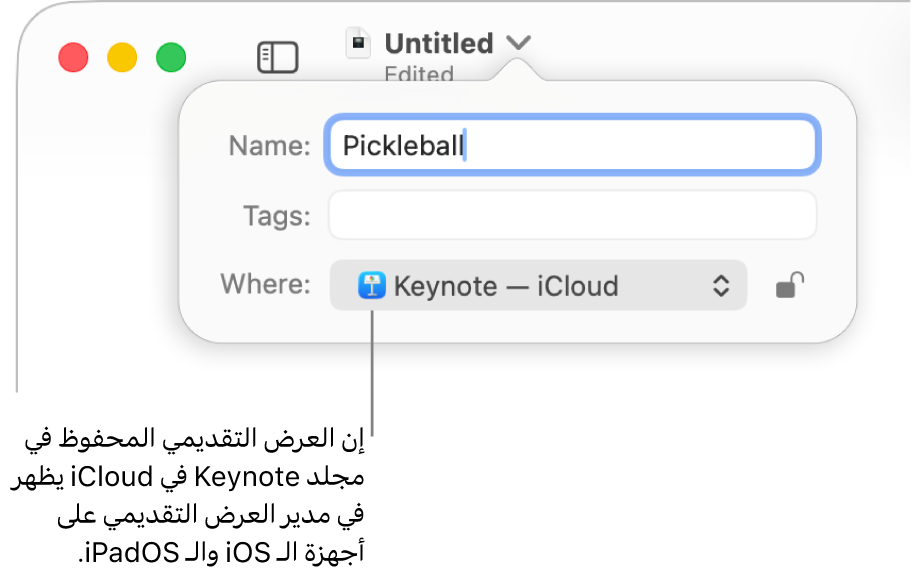 مربع الحوار "حفظ" لعرض تقديمي على Keynote—iCloud في القائمة المنبثقة "أين".
