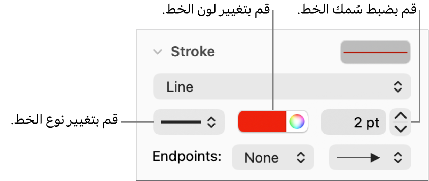 عناصر التحكم لإعداد نقاط النهاية، وسماكة الخط، واللون.