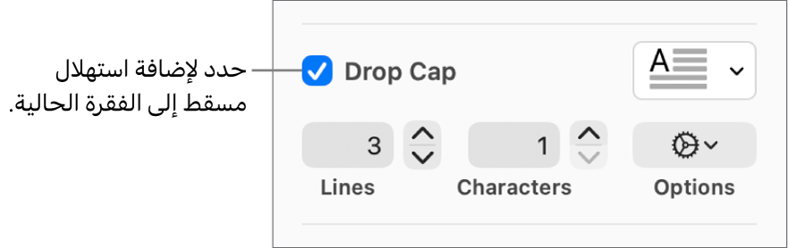 خانة اختيار الحرف الاستهلالي الكبير محددة، وتظهر قائمة منبثقة على يسارها؛ تظهر عناصر التحكم لإعداد ارتفاع السطر وعدد الأحرف والخيارات الأخرى أسفلها.