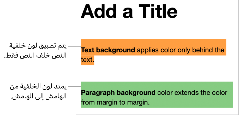 إحدى الفقرات بلون خلف النص فقط، وفقرة ثانية بلون خلفها يمتد من الهامش إلى الهامش ككتلة.