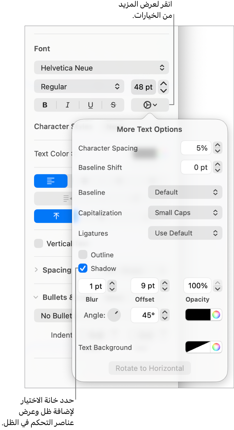 خيارات متقدمة مفتوحة وتظهر بها خانة اختيار "الظل" محددة وعناصر التحكم لتعيين الضبابية، والإزاحة، والتعتيم، والزاوية، واللون.