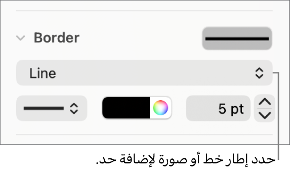 عناصر التحكم في نمط الحدود في الشريط الجانبي "التنسيق" مع تحديد "خط" كنوع الحد.