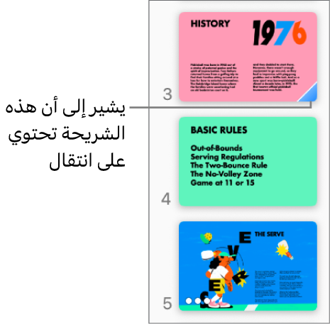 مثلث أزرق في شريحة يشير إلى أن الشريحة بها انتقال.