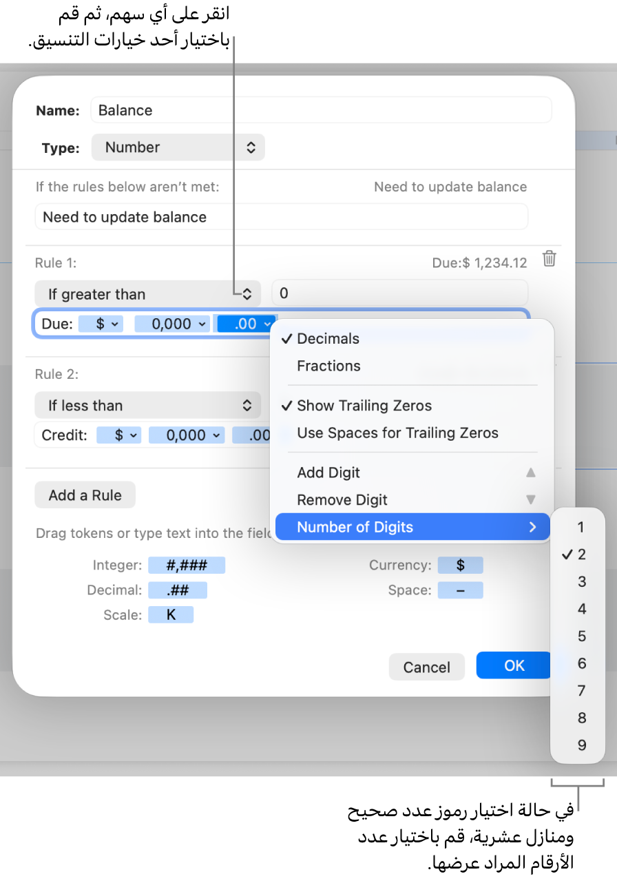 نافذة تنسيق خلية مخصصة مع عناصر تحكم لإنشاء تنسيق مخصص للرقم.