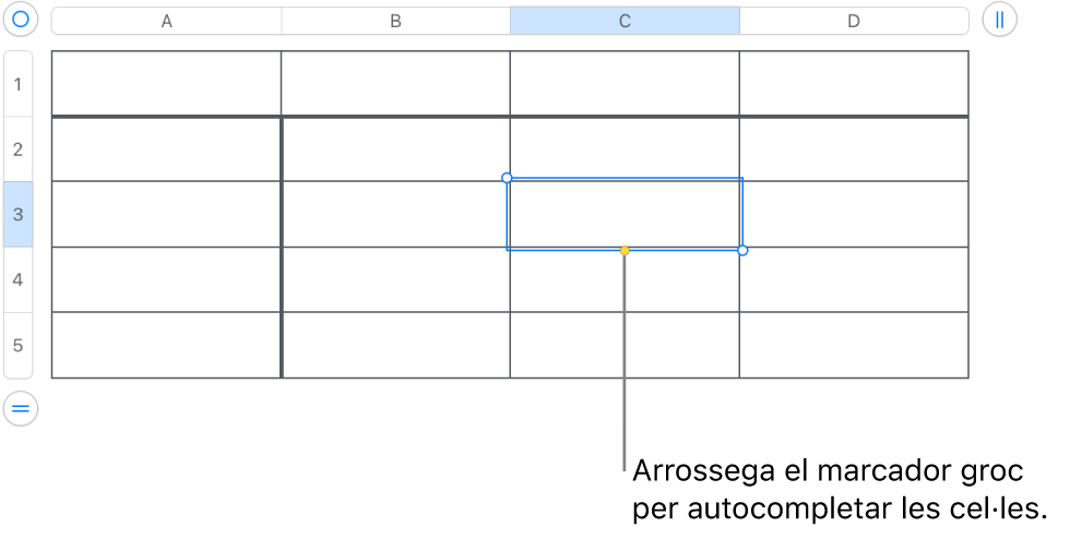 Una cel·la seleccionada amb un marcador groc que pots arrossegar per autocompletar cel·les.