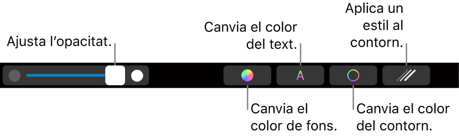 La Touch Bar del MacBook Pro amb controls per ajustar l’opacitat d’una forma, canviar‑ne el color d’emplenament, el color del text, el color del contorn i aplicar un estil al contorn.