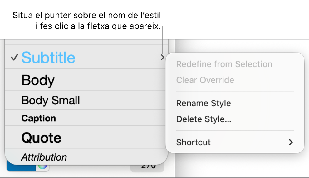 El menú “Estils de paràgraf” amb el menú de dreceres obert.