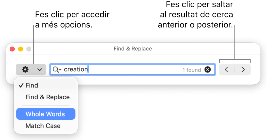 La finestra ““Cerca i substitueix”, amb el menú desplegable que mostra les opcions “Cerca”, “Cerca i substitueix”, “Paraules senceres” i “Respecta les majúscules i minúscules”. Les fletxes de la dreta permeten anar als resultats de cerca anteriors o posteriors.