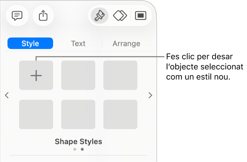 Pestanya “Estil” de la barra lateral “Format” amb un estil de quadre de text, un botó “Crea un estil” a la dreta i quatre marcadors de posició d’estil buits.