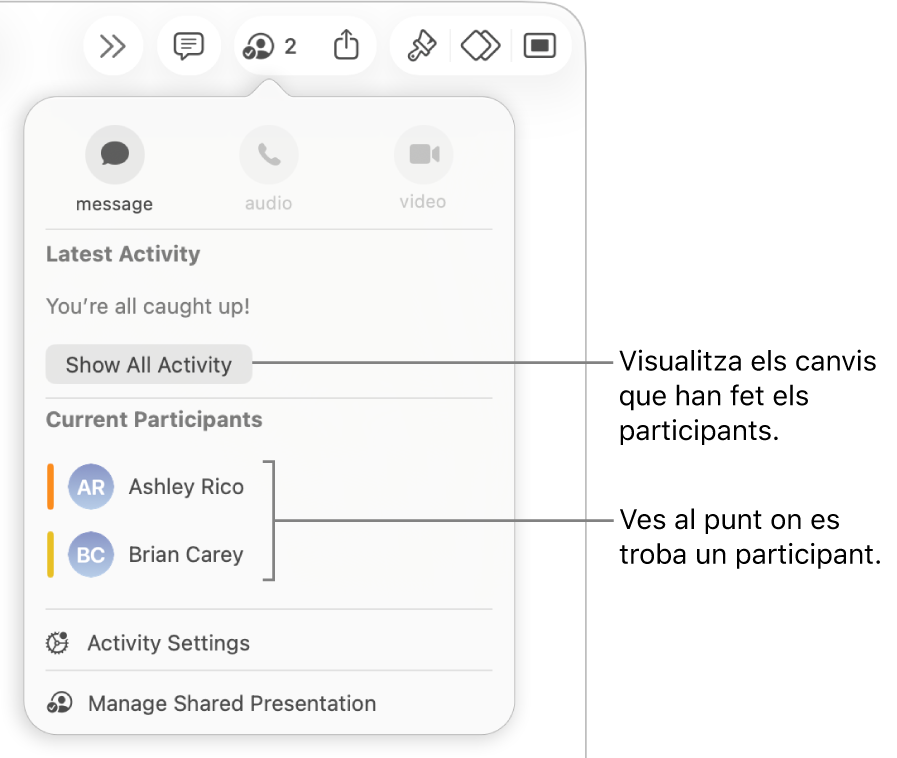 Menú de col·laboració amb una llista de dos participants actuals.