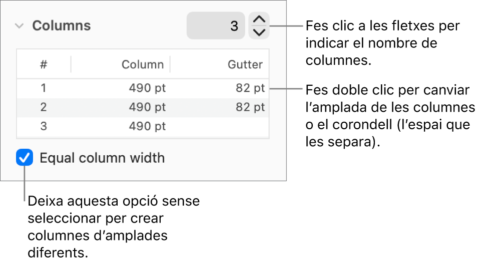Controls de la secció de columnes per canviar el nombre de columnes i l’amplada de cada columna.