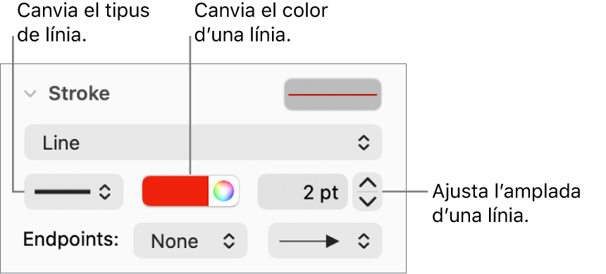 Els controls de traç per ajustar els punts finals, el gruix de la línia i el color.