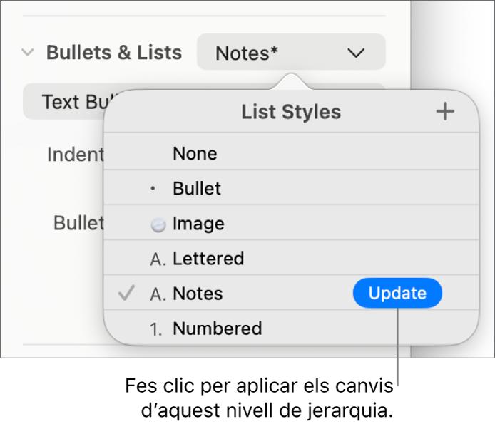 El menú emergent “Estils de llista”, amb un botó “Actualitza” al costat del nom del nou estil.