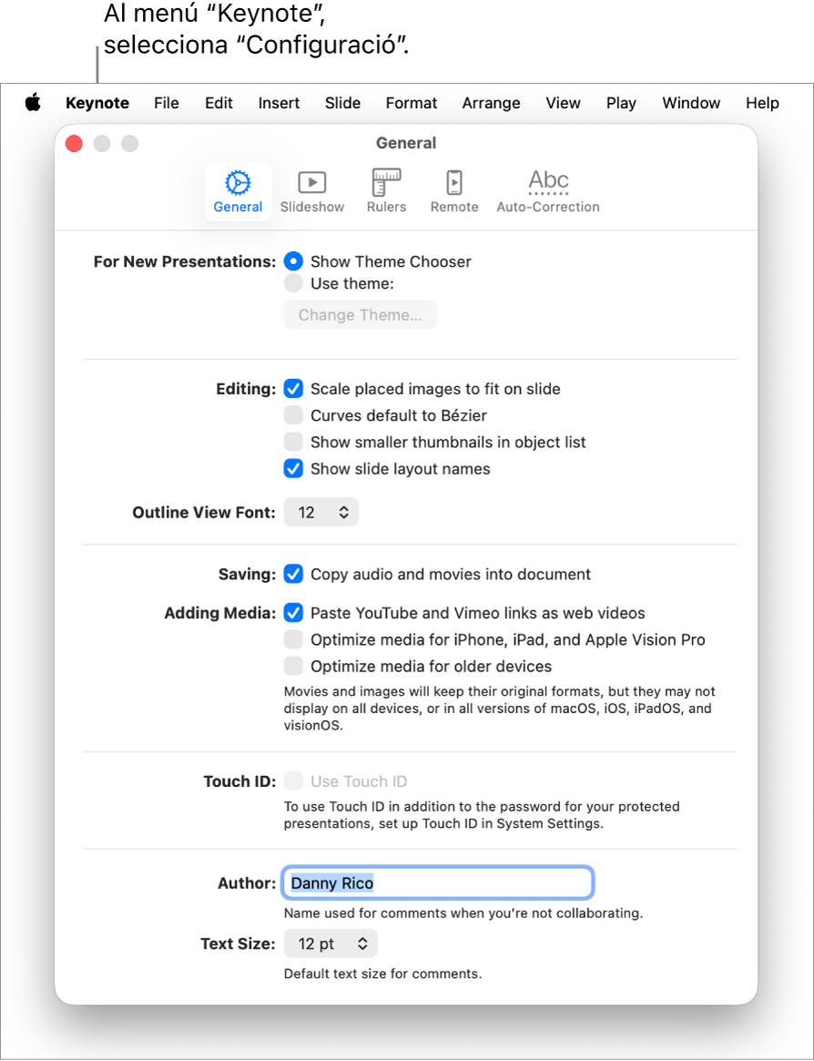 Finestra de la configuració del Keynote oberta amb el tauler General.