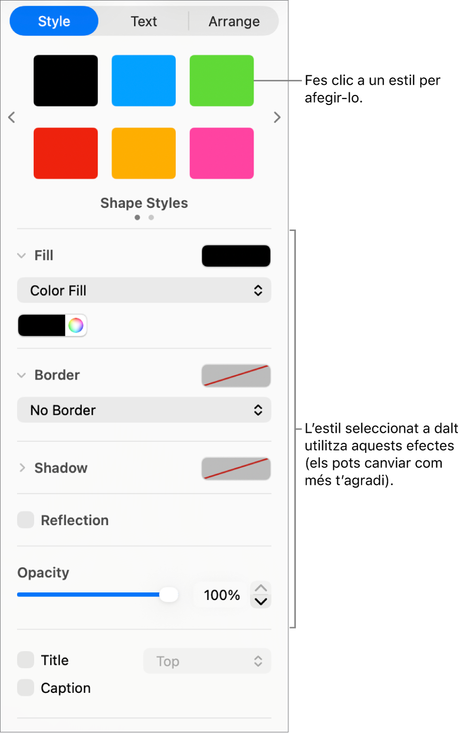 Estils i opcions per a les formes a la secció Format de la barra lateral.