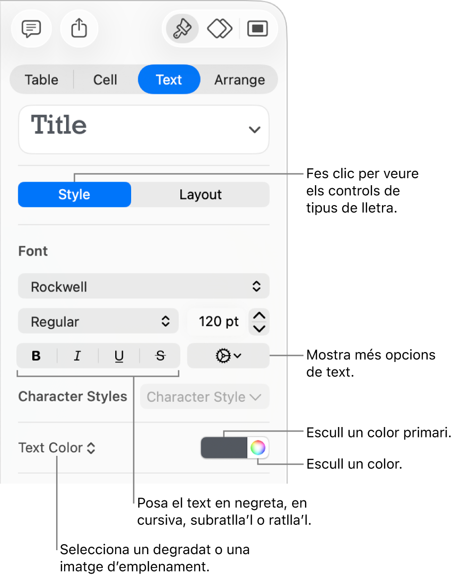 Els controls per aplicar un estil al text d’una taula.