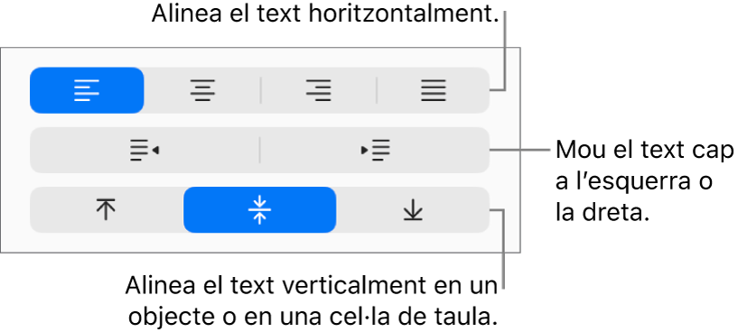 La secció Alineació de la barra lateral, amb botons per alinear el text horitzontalment, moure’l a l’esquerra o la dreta i alinear-lo verticalment.