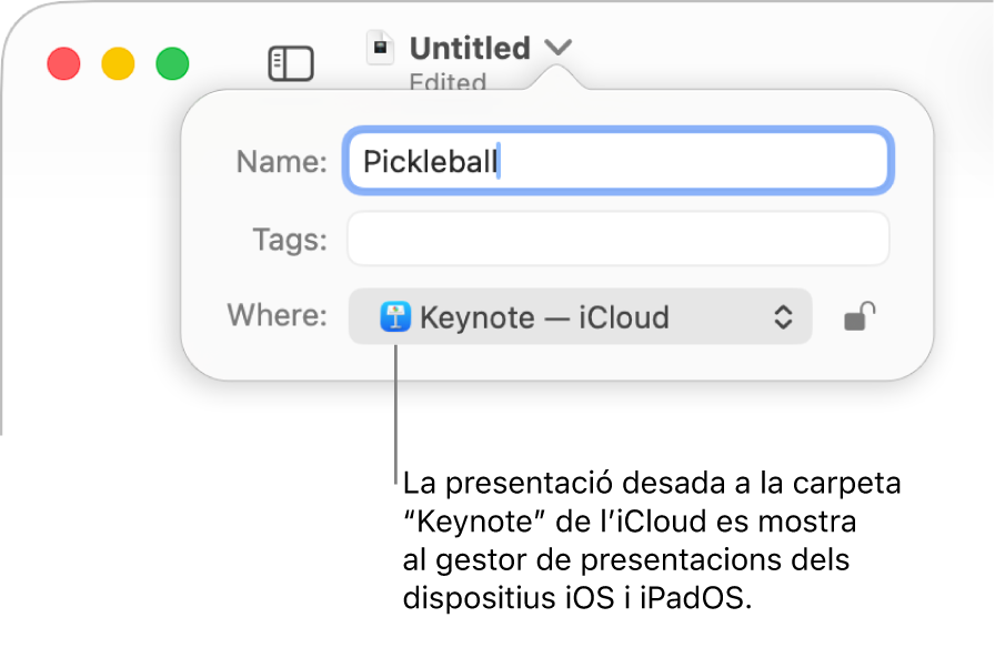 El quadre de diàleg “Desa” per a una presentació, amb “Keynote - iCloud” al menú desplegable “Ubicació”.
