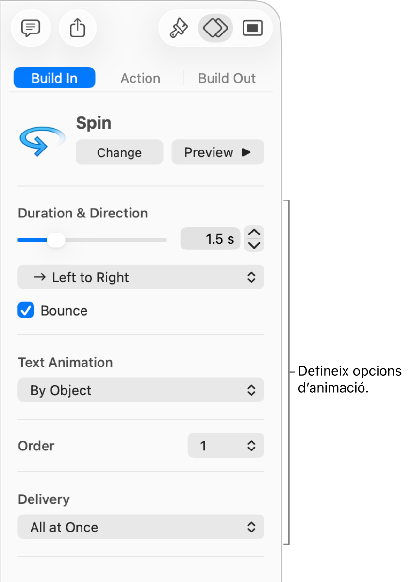 Les opcions d’entrada de la secció d’animació de la barra lateral.