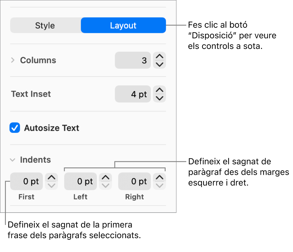La secció Disposició de la barra lateral Format, amb controls per ajustar el sagnat de la primera línia i els marges de paràgraf.