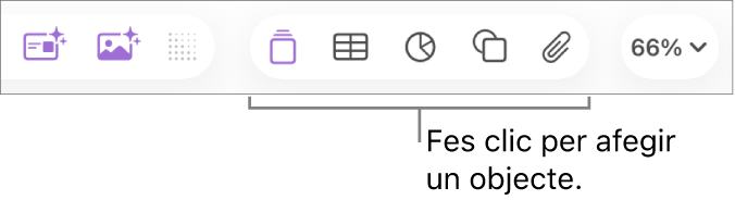 Barra d’eines del Keynote que mostra els botons usats per afegir un objecte a una diapositiva.