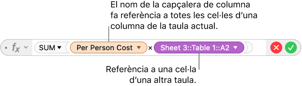 L’editor de fórmules amb un triangle que, en fer-hi clic, mostra opcions per conservar les referències de fila i de columna.