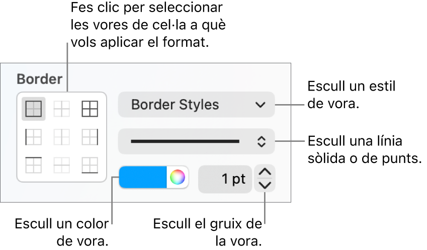 Els controls de la barra lateral per canviar l’aspecte de les vores de les cel·les.