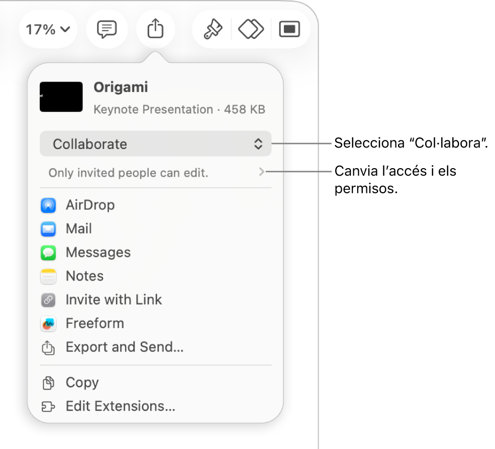Menú “Comparteix” amb l’opció “Col·labora” seleccionada a la part superior i la configuració dels permisos a sota.