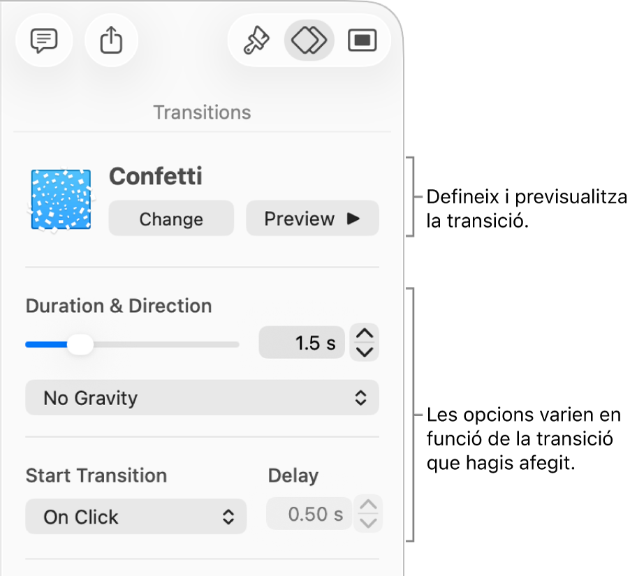 Els controls Transició de la secció Transicions de la barra lateral.