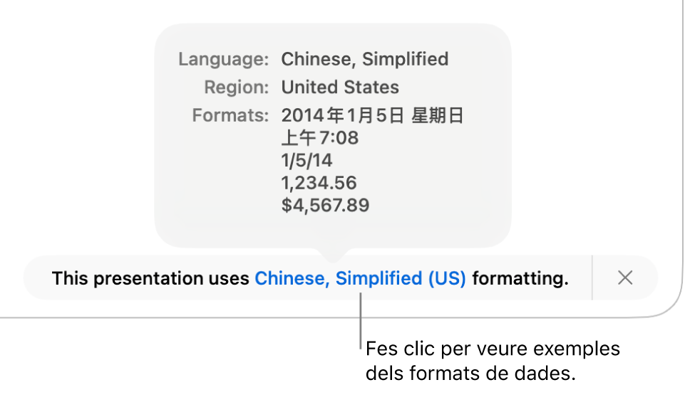 La notificació de la diferència de configuració d’idioma i regió, amb exemples del format d’aquell idioma i regió.