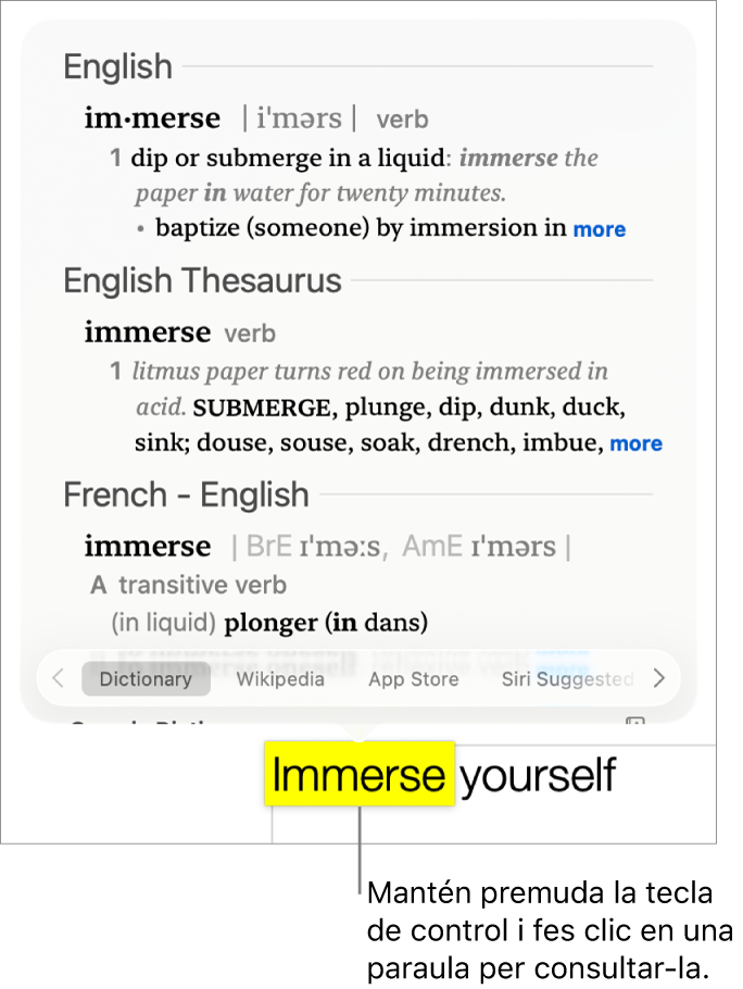 Text amb una paraula ressaltada i finestra que mostra la definició de la paraula i una entrada de tesaurus. Els dos botons a la part inferior de la finestra funcionen com a enllaç al diccionari i a la Viquipèdia.