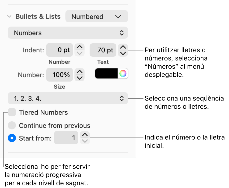 Controls per canviar l’estil dels números i l’espaiat d’una llista.
