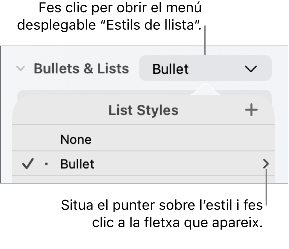La finestra emergent “Estils de llista” amb un estil seleccionat i una fletxa a l’extrem dret.