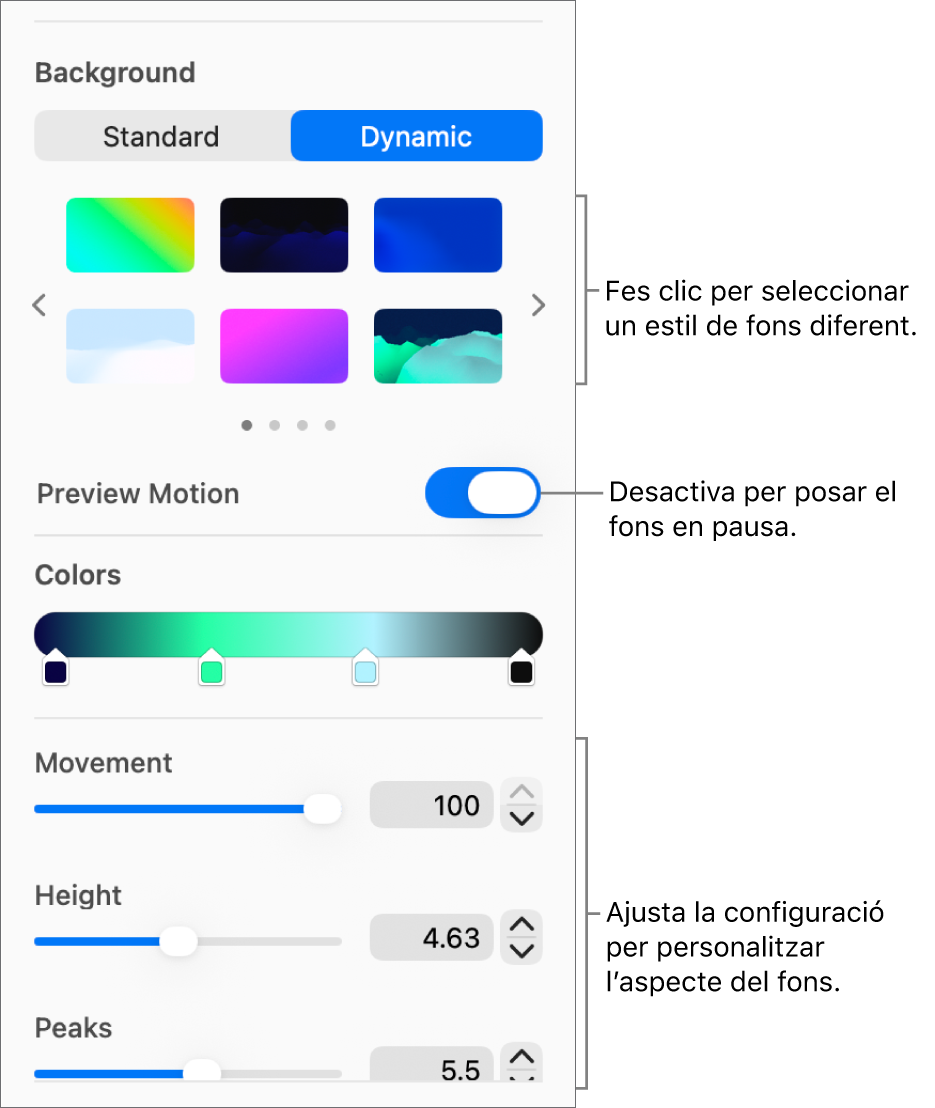 El botó Dinàmic seleccionat a la secció Fons a la barra lateral Format on es mostren els estils de fons dinàmic, el control de la previsualització del moviment i els controls de l’aspecte.