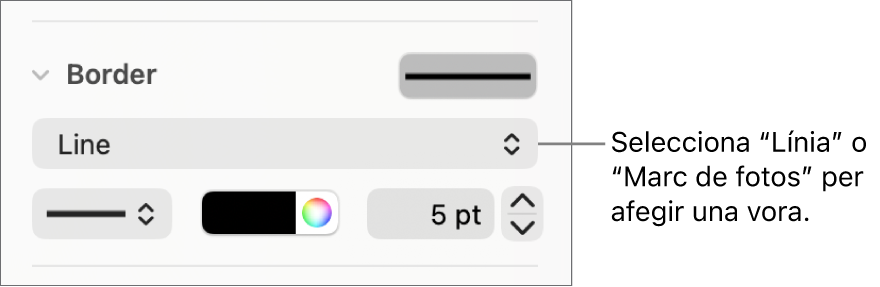 Els controls d’estil de vora a la barra lateral Format amb l’opció Línia seleccionada com a estil de vora.