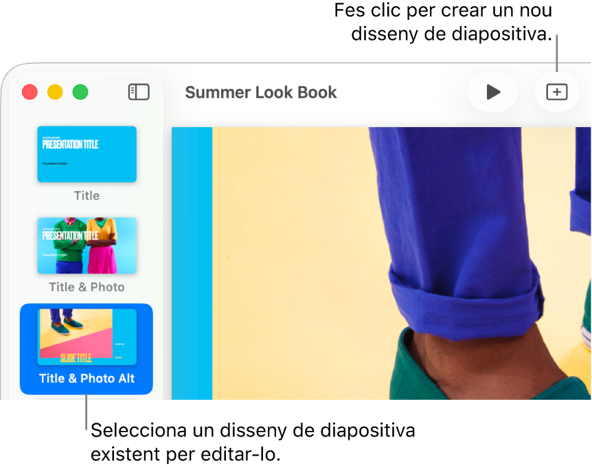 Un disseny de diapositiva mostrat a l’àrea de disseny de diapositiva amb el botó “Afegeix una diapositiva” al damunt, a la barra d’eines.
