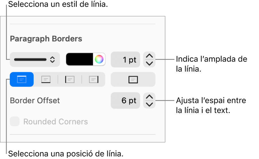 Controls per canviar l’estil, el gruix, la posició i el color de la línia.