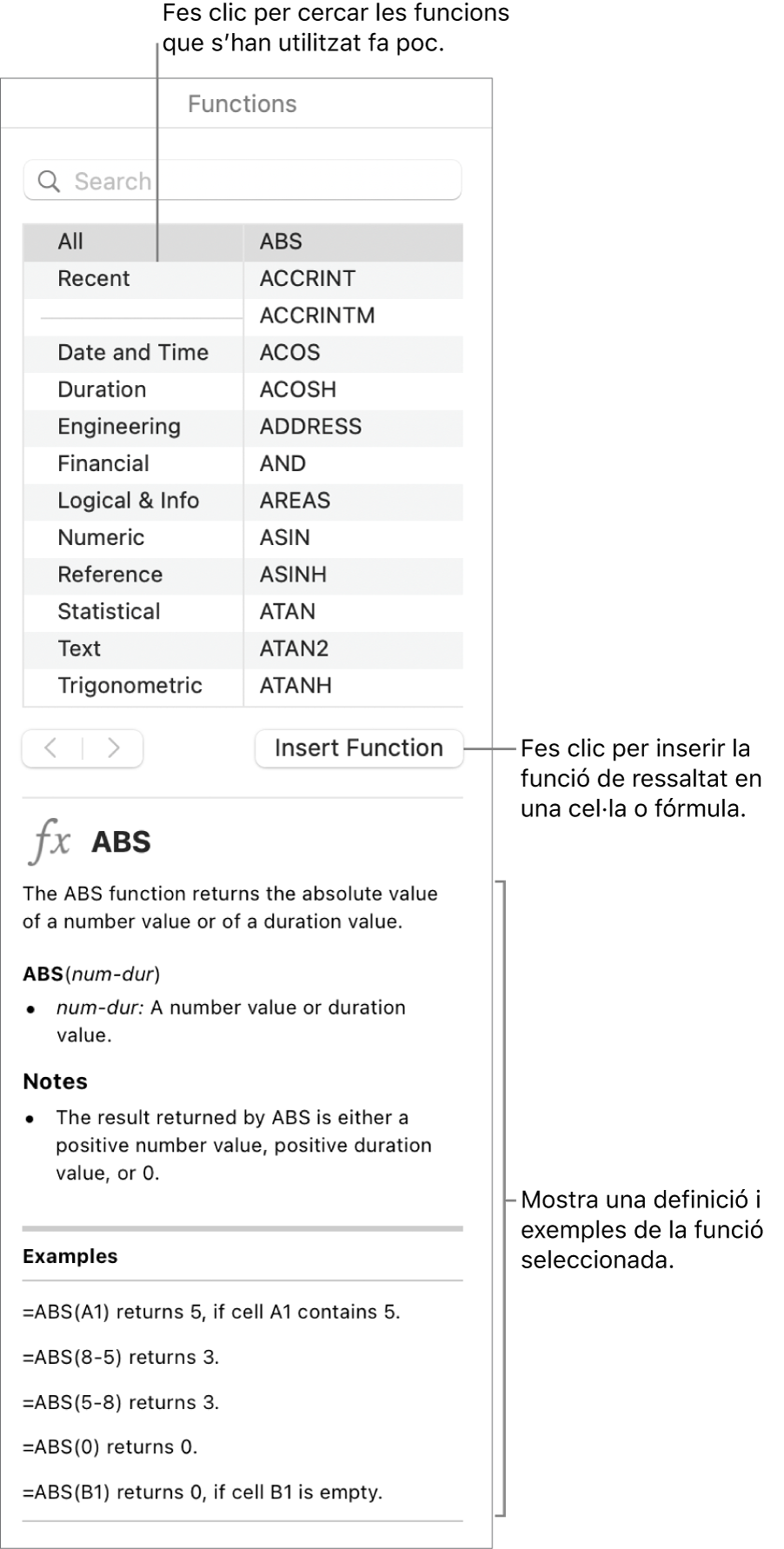 Explorador de funcions amb llegendes a funcions utilitzades recentment, botó “Insereix una funció” i definició de la funció