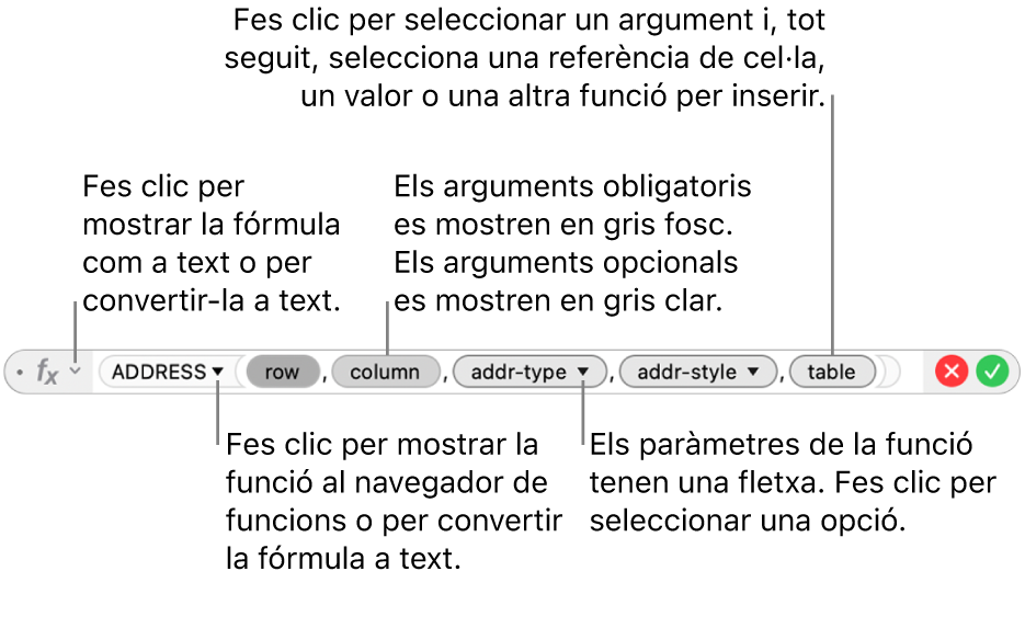 L’editor de fórmules, que mostra la funció “ADREÇA” i els testimonis d’argument corresponents.