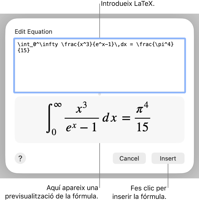 La fórmula quadràtica escrita en llenguatge LaTeX al camp d’equació i una previsualització de l’equació a sota.