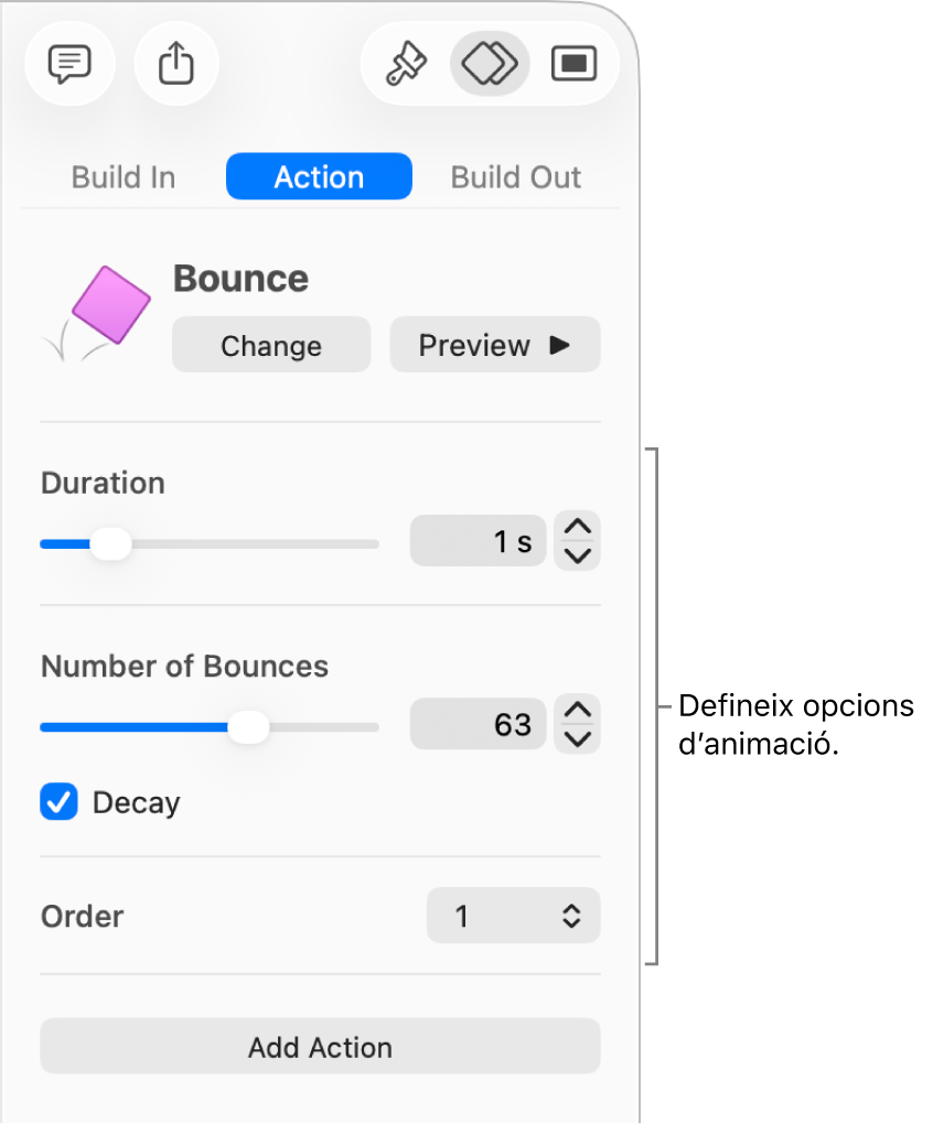 Els controls Acció de la secció Animació de la barra lateral.