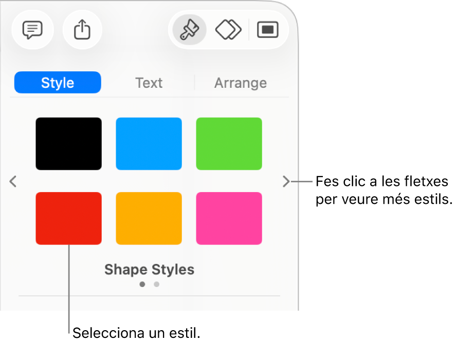 Pestanya Estil de la barra lateral Format amb sis estils d’objecte i fletxes de navegació a l’esquerra i la dreta.