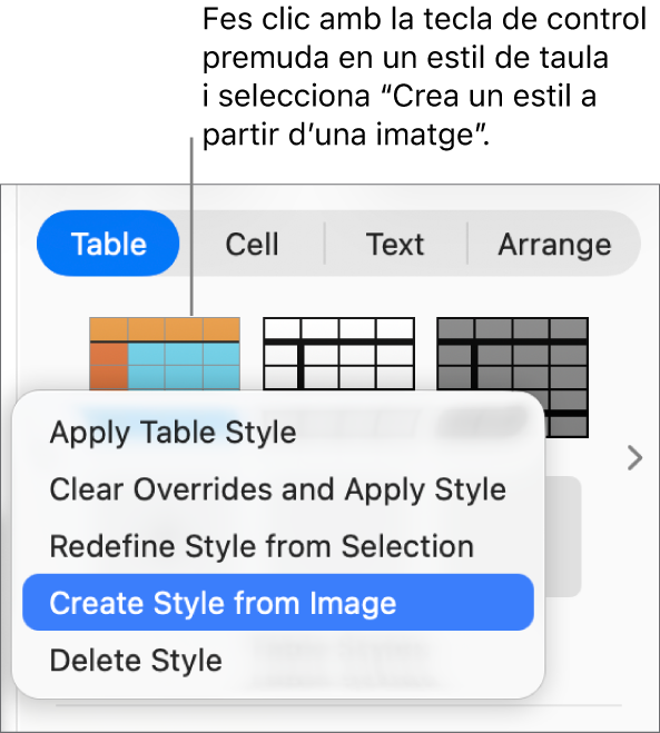 El menú de dreceres “Estil de taula”.