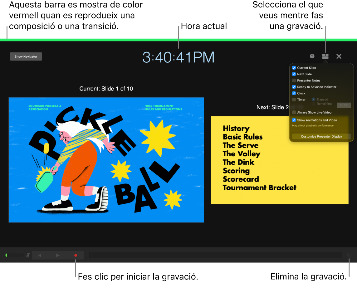 Captura de pantalla del mode de gravació de veu a la pantalla del presentador. Les diapositives actual i següent, l’hora actual i els controls de la pantalla del presentador són visibles. El control per iniciar i finalitzar la gravació i el control per eliminar la gravació es mostren a prop de la part inferior de la pantalla.