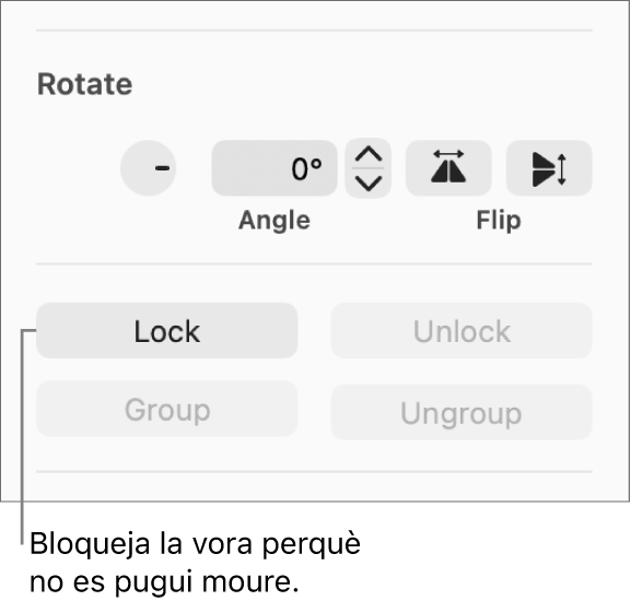 Els controls d’objecte “Gira”, “Bloqueja” i “Agrupa” amb el botó “Bloqueja” ressaltat.