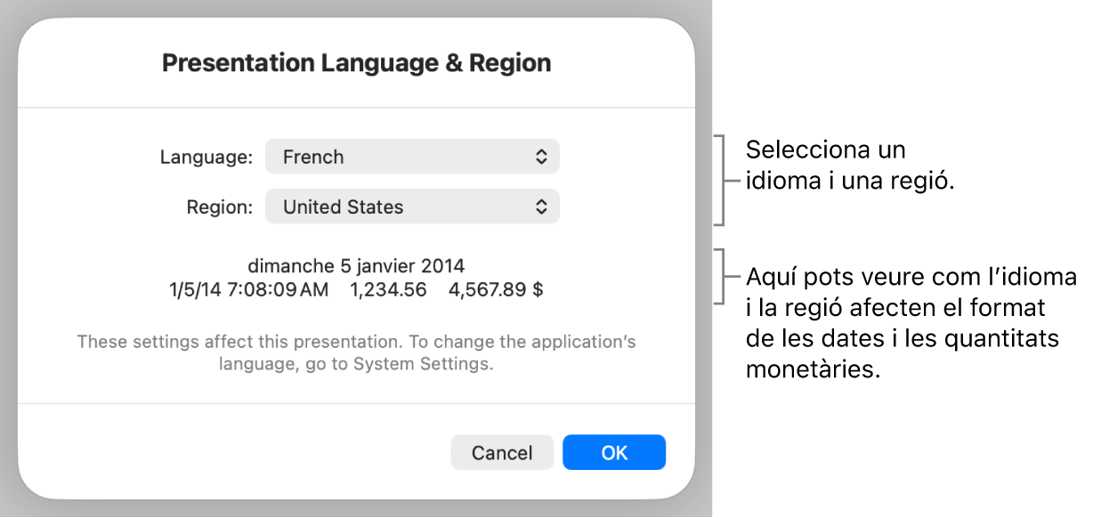 La configuració d’idioma i regió, amb controls per configurar l’idioma i la regió i un exemple de format que inclou la data, l’hora, els decimals i la moneda.
