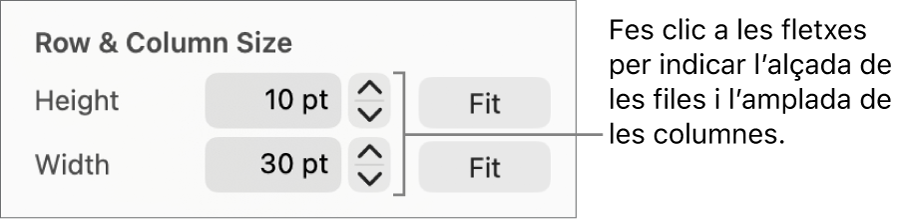Els controls per especificar una mida exacta de fila o columna.