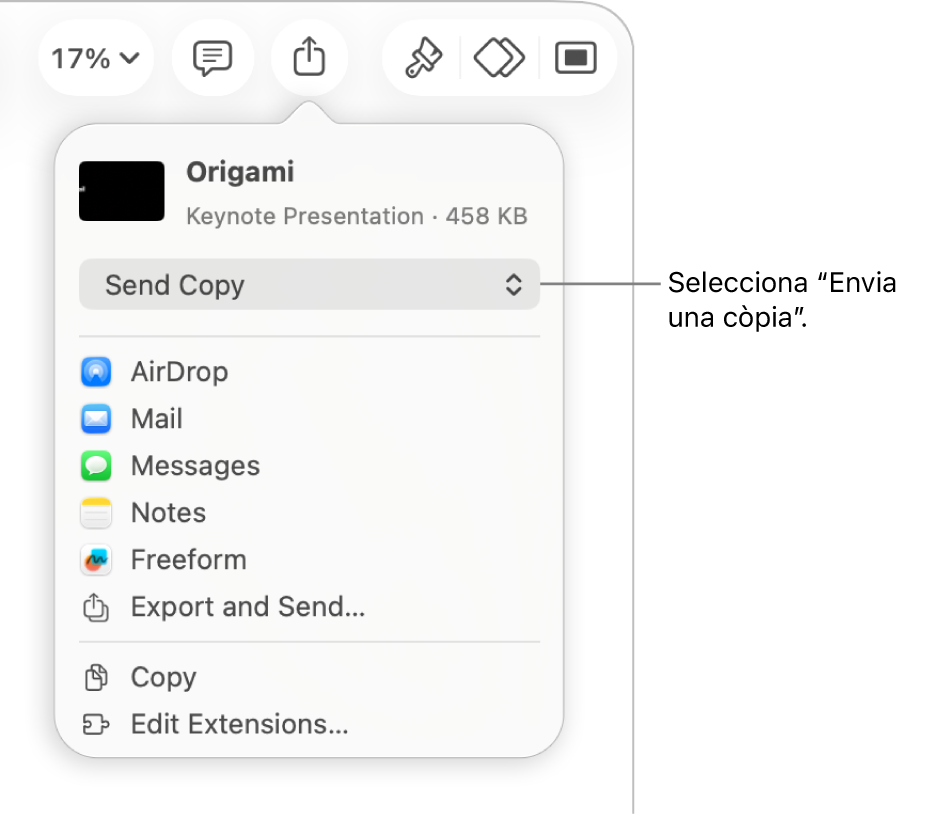 Menú “Comparteix” amb l’opció “Envia una còpia” seleccionada a la part superior.