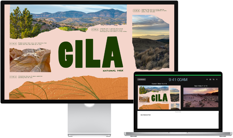 Al costat d’un Mac portàtil hi ha una pantalla. S’hi reprodueix una projecció a pantalla completa. A la pantalla del Mac, s’obre la pantalla del presentador.