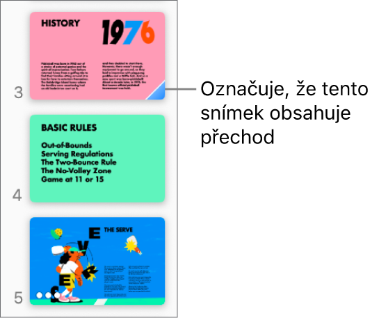 Modrý trojúhelník na snímku značí, že snímek má přechod.